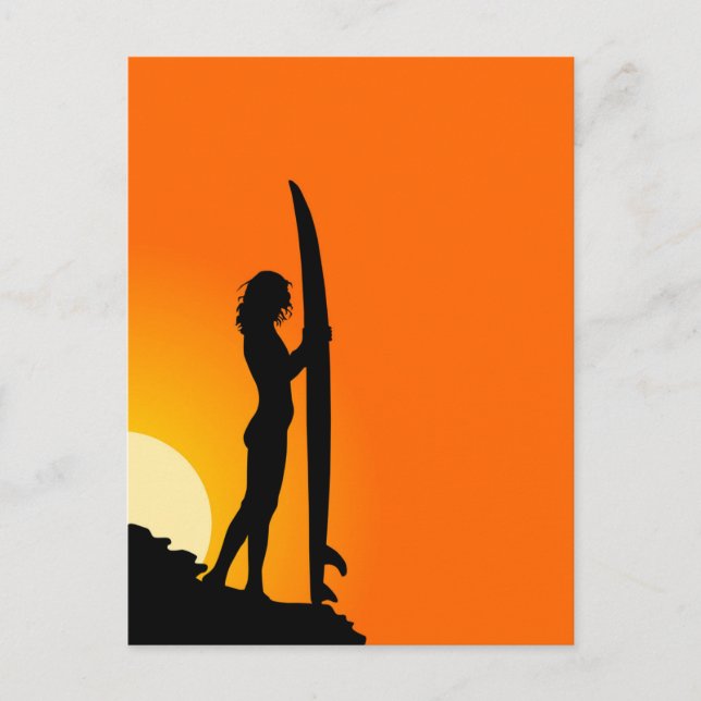 Carte Postale Surfer Girl, Coucher de soleil rouge (Devant)