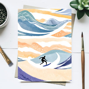 Carte Postale Surfer la Vague Océan Aquarelle Contemporain