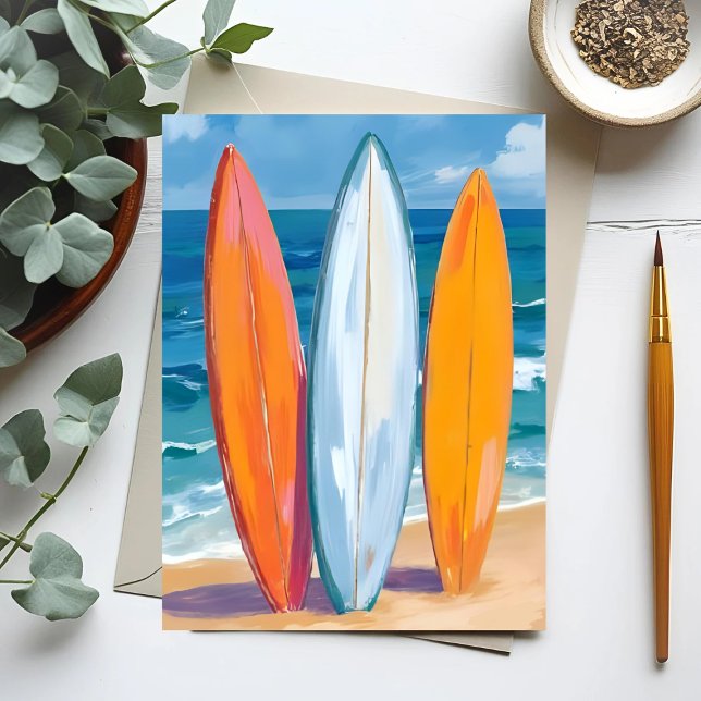 Carte Postale Surfer les Vagues | Océan de Plage à l'Aquarelle (Créateur téléchargé)