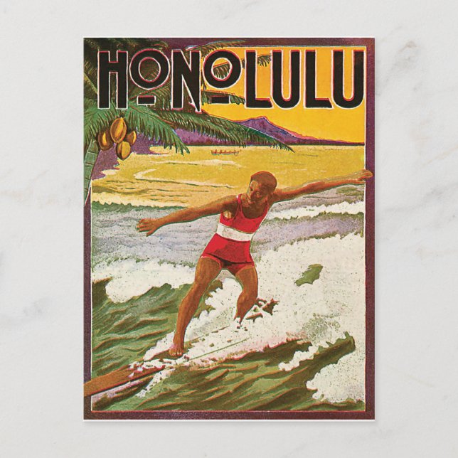 Carte Postale Surfeur sur la plage tropicale d'Honolulu, voyage  (Devant)
