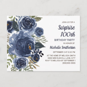 Carte Postale Surprise 100 Anniversaire Bleu Marine Aquarelle Fl