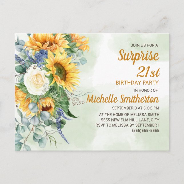 Carte Postale Surprise 21e anniversaire Sunflowers Eucalyptus (Devant)