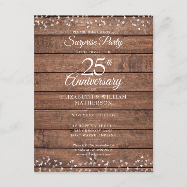 Carte Postale Surprise 25e Anniversaire Cœurs en Argent Rustique (Devant)