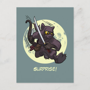 Carte Postale Surprise ! Cartoon noir Ninja Flying Kick