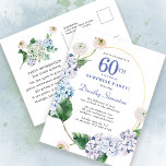 Carte Postale Surprise Party Hydrangea Rose 60e anniversaire<br><div class="desc">Des fleurs d'hydrangée bleue et des fleurs roses rousses ornent un cadre ovale doré. Une botanique moderne ouverte et aérée.</div>