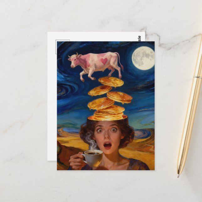 Carte Postale Surprised Breakfast Lady Pancakes Coffee Pink Cow (Devant/Arrière en situation)