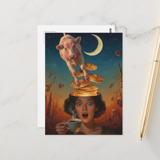 Carte Postale Surprised Breakfast Pancakes Coffee Pink Cow (Devant/Arrière en situation)