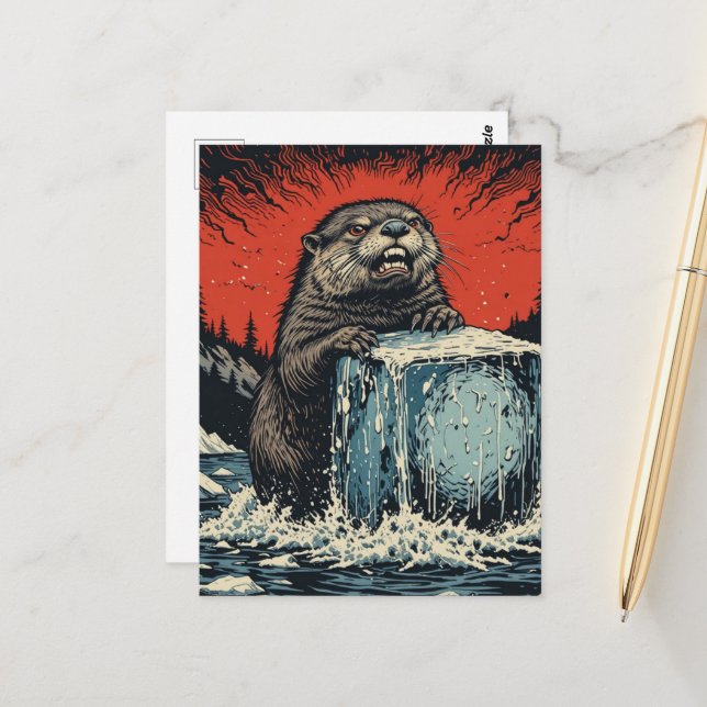 Carte Postale Surreal Angry otter breaking ice (Devant/Arrière en situation)