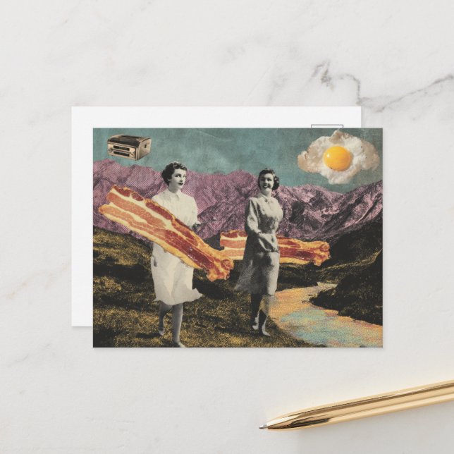 Carte Postale Surreal Breakfast Femme avec bacon et oeufs (Devant/Arrière en situation)
