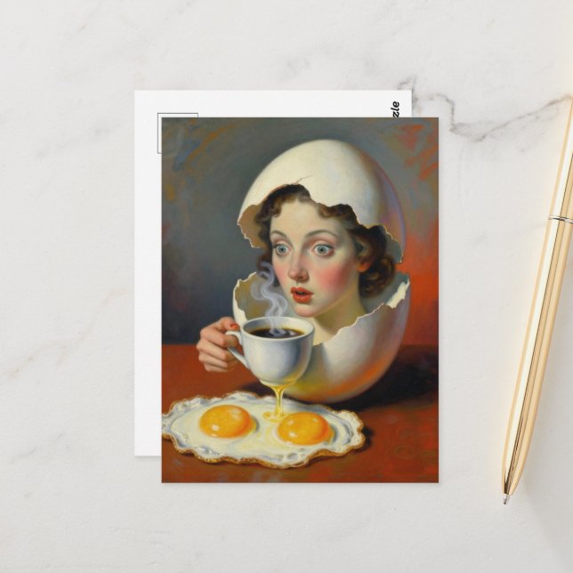 Carte Postale Surreal Breakfast Woman in Cracked Egg With Coffee (Devant/Arrière en situation)