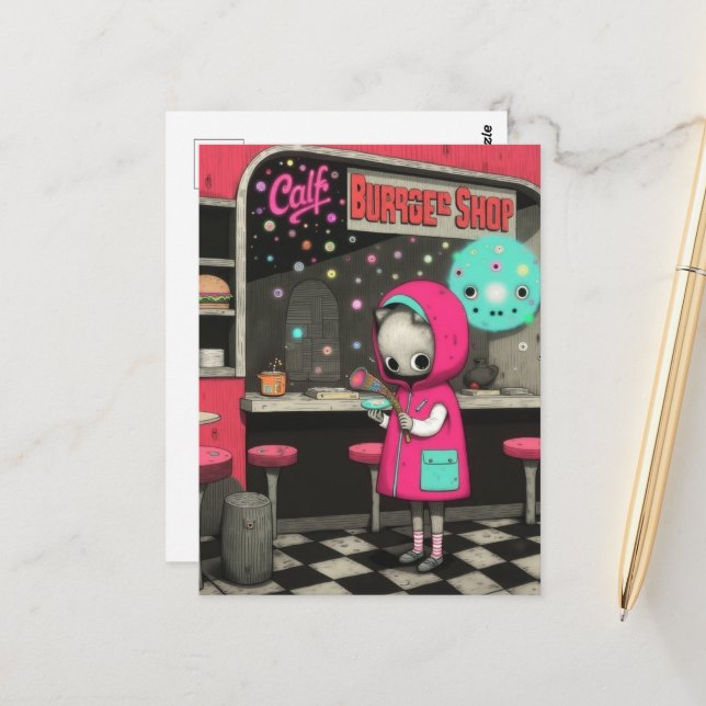 Carte Postale Surreal Burger Shop Cat in a Pink Jacket (Devant/Arrière en situation)