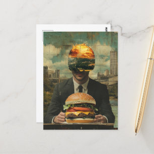 Carte Postale Surreal Cheeseburger personne dans la ville Collag