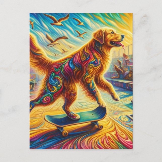 Carte Postale Surreal Golden Retriever Skateboard (Devant)