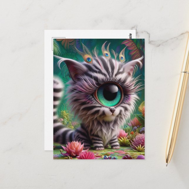 Carte Postale Surreal One Eyed Zebra Kitty Peacock Eyelashes (Devant/Arrière en situation)