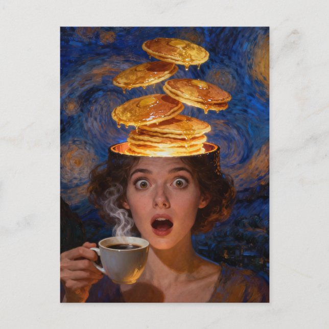 Carte Postale Surreal Surprised Breakfast Pancakes Coffee Woman  (Devant)