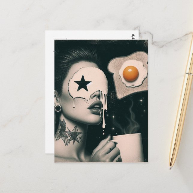 Carte Postale Surreal Toast, Eggs, and Coffee woman  (Devant/Arrière en situation)