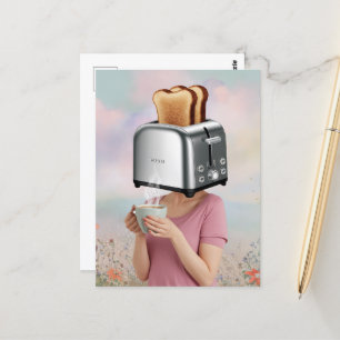 Carte Postale Surreal Toaster Head Breakfast Femme tenant du caf