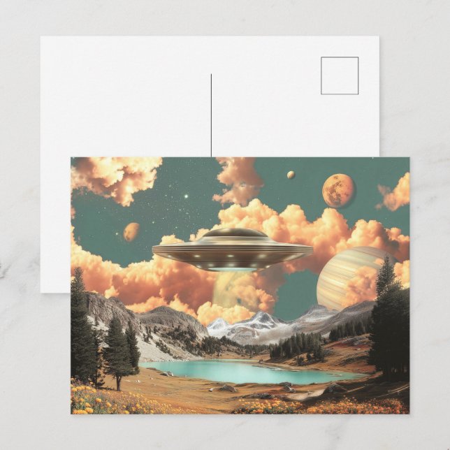 Carte Postale Surreal UFO Above Mountain Lake with Planets (Devant / Derrière)