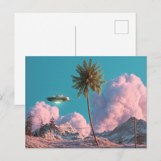 Carte Postale Surreal UFO and Palm Tree Mountain Scene (Devant / Derrière)