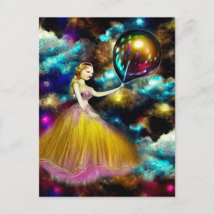 Carte Postale Surreal Vintage Golden Gown Balloon Girl