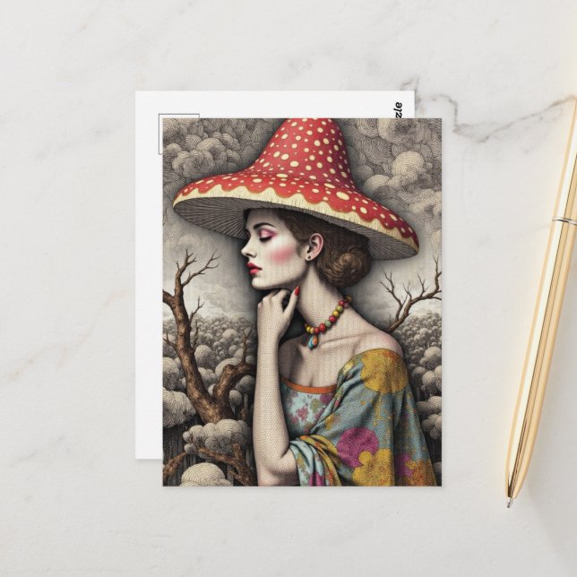 Carte Postale Surreal Woman With a Mushroom Hat (Devant/Arrière en situation)