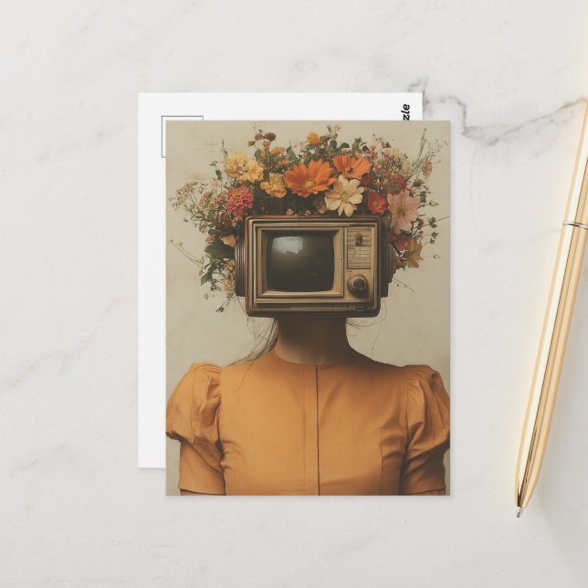Carte Postale Surrealist Woman with TV head and flowers  (Devant/Arrière en situation)