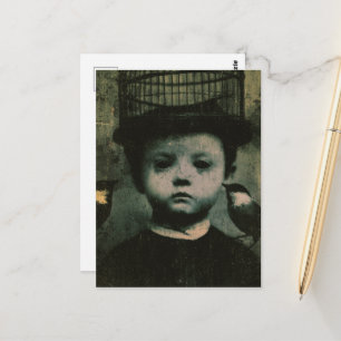 Carte Postale Surréaliste oiseau en cage noir et blanc et enfant