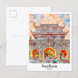 Carte Postale Suzhou Chine Voyage Aquarelle Croquis main tiré
