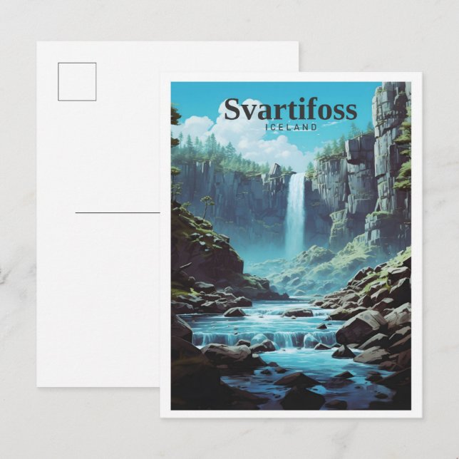Carte Postale Svartifoss Islande Art Vintage voyage (Devant / Derrière)