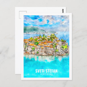 Carte Postale Sveti Stefan Montenegro Aquarelle de voyage Sketch