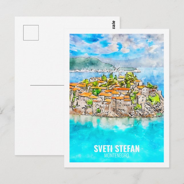 Carte Postale Sveti Stefan Montenegro Aquarelle de voyage Sketch (Devant / Derrière)