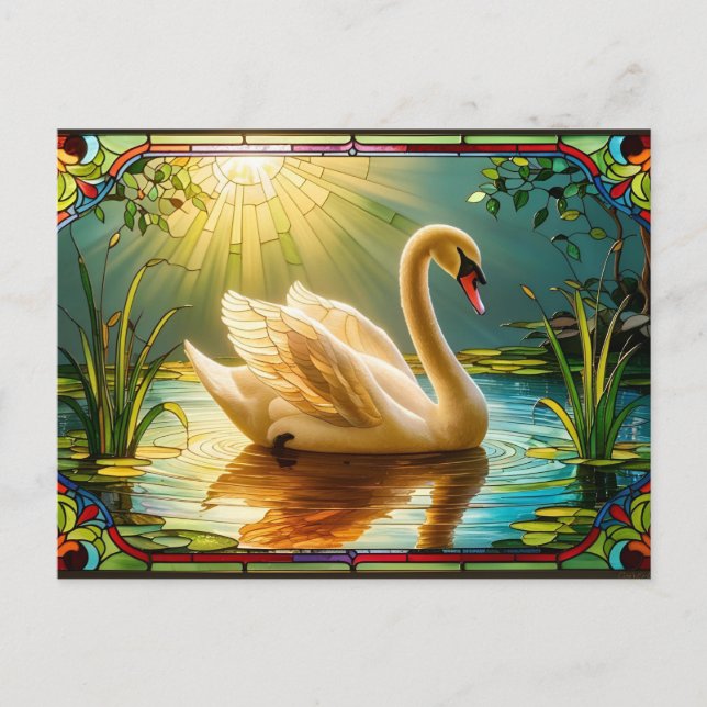 Carte Postale Swan blanc nager dans un lac (Devant)