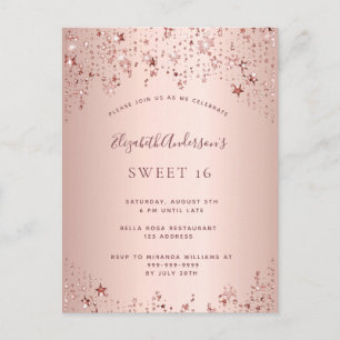 Carte Postale Sweet 16 16e anniversaire rose or étoiles invitati
