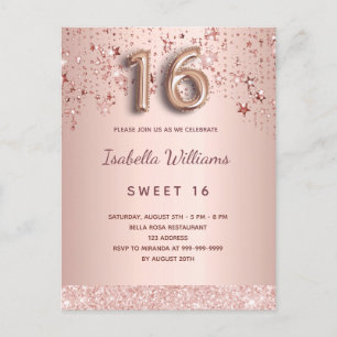 Carte Postale Sweet 16 16e rose or étoiles script ballon rose