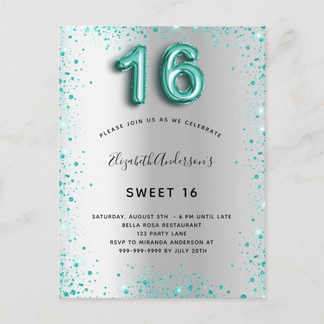 Carte Postale Sweet 16 argent turquoise parties scintillant élég (Devant)