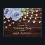 Carte Postale Sweet 16 Bois rustique Bleu Floral Lumières à cord<br><div class="desc">Sweet 16 anniversaire invitation carte postale avec bois brun foncé rustique,  de belles fleurs bleues perwinkle,  et des lumières scintillantes à cordes. Contactez-nous pour obtenir de l'aide sur la personnalisation et la mise en correspondance des produits.</div>