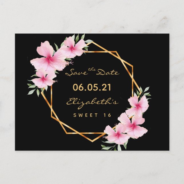 Carte Postale Sweet 16 flûtes noires or rose Enregistrer la date (Devant)