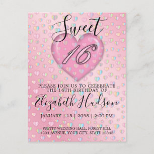 Carte Postale Sweet 16 Invitation avec Coeur Rose et Speckles
