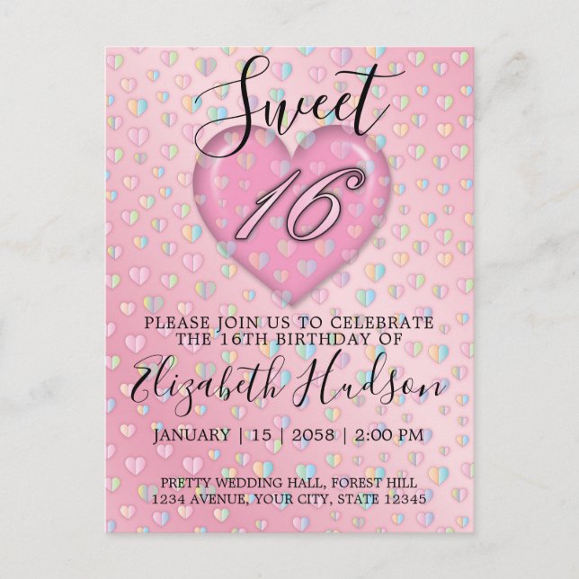 Carte Postale Sweet 16 Invitation avec Coeur Rose et Speckles (Devant)