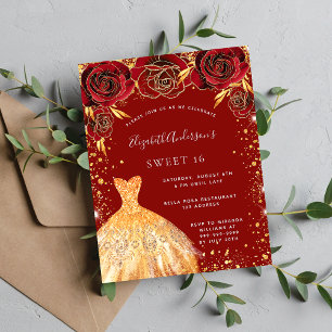 Carte Postale Sweet 16 parties scintillant d'or rouge robe invit