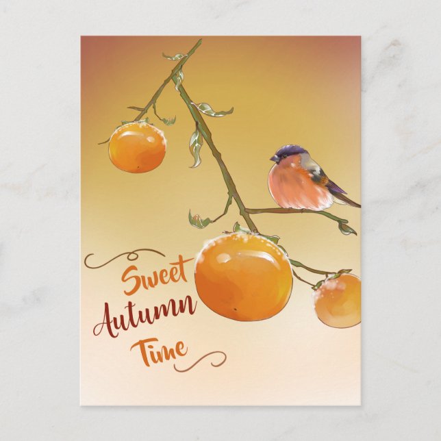 Carte Postale Sweet Automne Cute Orange Persimmon Fruits & Oisea (Devant)