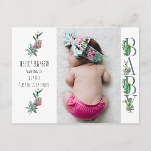 Carte Postale Sweet Cactus Neutral Baby Birth Photo Faire-part