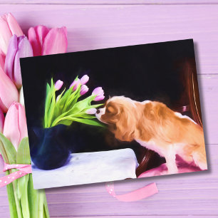Carte Postale Sweet Cavalier King Charles et Tulipes roses