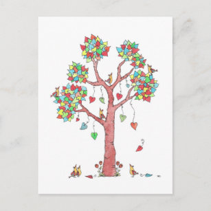 Carte Postale Sweet Colorful Coeur Feuilles et Birds Design