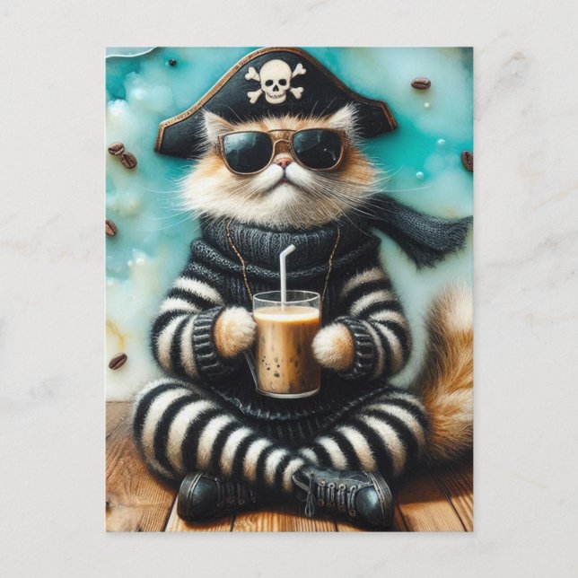 Carte Postale Sweet Kitty Pirate avec café (Devant)