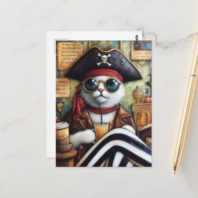 Carte Postale Sweet Kitty Pirate avec café dans un magasin d'ant (Devant/Arrière en situation)