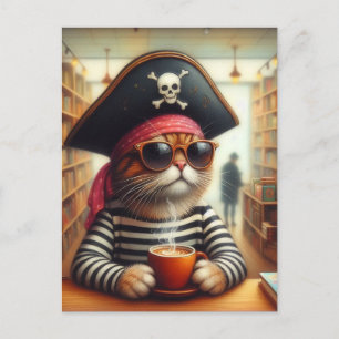 Carte Postale Sweet Kitty Pirate avec un café dans une librairie