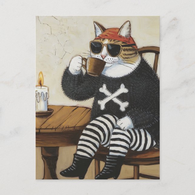Carte Postale Sweet Kitty Pirate dans un café sucré noir flou (Devant)