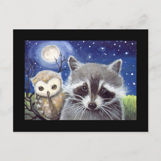 Carte Postale Sweet Raccoon et Owl Art (Devant)