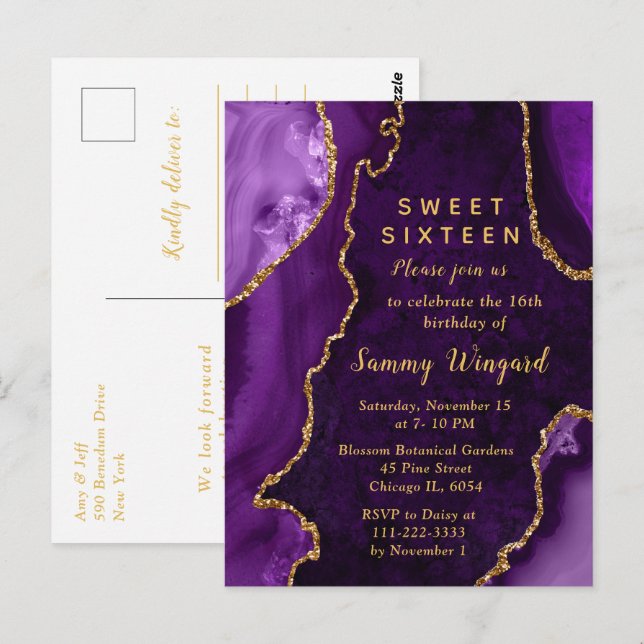 Carte Postale Sweet sixteen en marbre violet et or (Devant / Derrière)